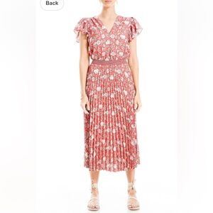 Max Studio Flutter Sleeve Pleated-Skirt Midi Dress, V-Neck, Red - Womens XL